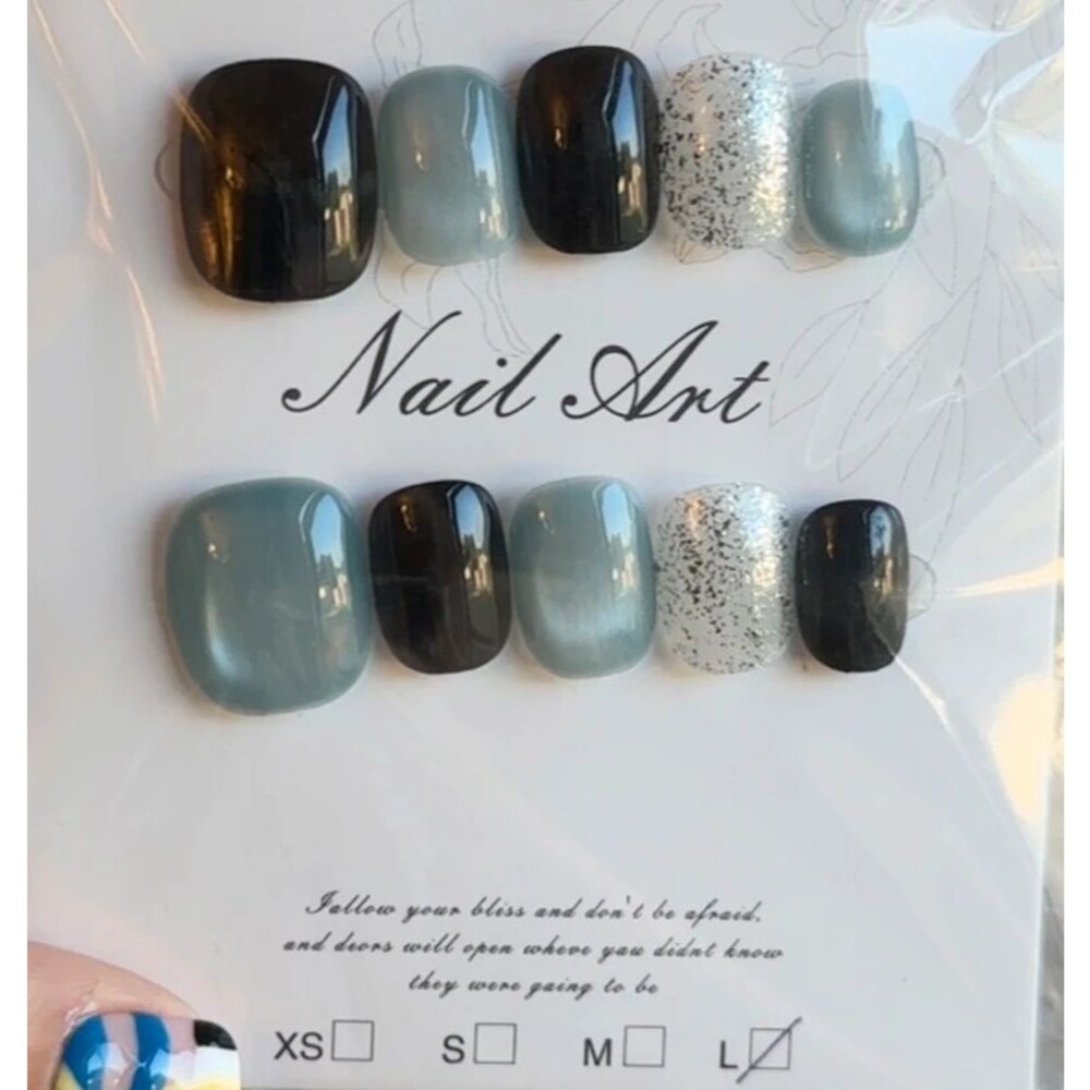 Dark Blue/Teal Cat Eye/Silver Glitter Oval Nubbie Press On Nails Size Large